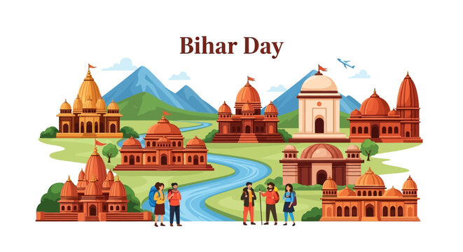 Illustration of people celebrating Bihar Day with cultural buildings and landmarks in a vibrant, scenic landscape with mountains and a river.