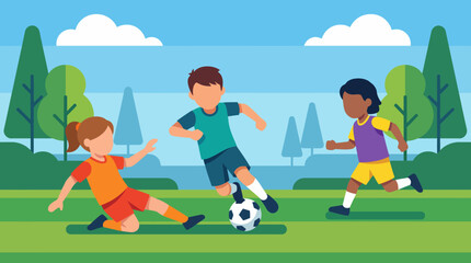 This lively illustration features children playing soccer on a vibrant green field under a bright blue sky, capturing the joy of teamwork, athleticism, and outdoor fun among friends. © Zhoupeng