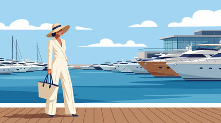 A fashionable woman in a white outfit stands by the marina, showcasing luxury yachts and a stunning waterfront view under a clear blue sky, evoking sophistication and leisure. © Zhoupeng