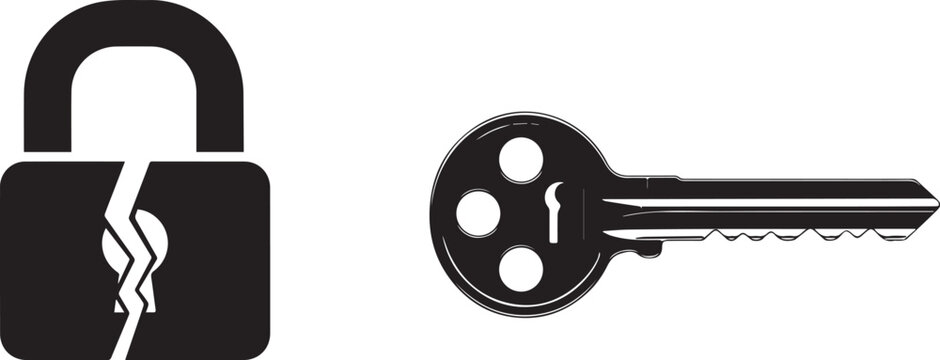 Broken padlock and key graphic