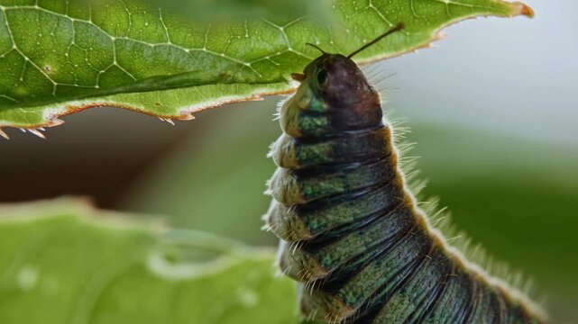 Vivid Green Caterpillar Feeding On Leaf Margin. Closeup Of Bright Green Larva Munching Leaf Veins