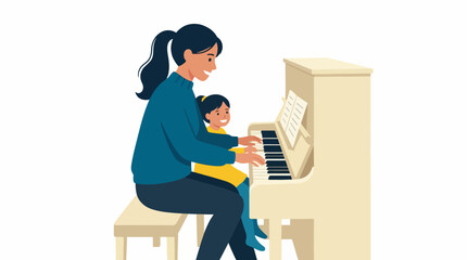 This heartwarming image showcases a mother playing the piano while her daughter joyfully sits on her lap, highlighting the beauty of bonding through music and creativity. © Zhoupeng