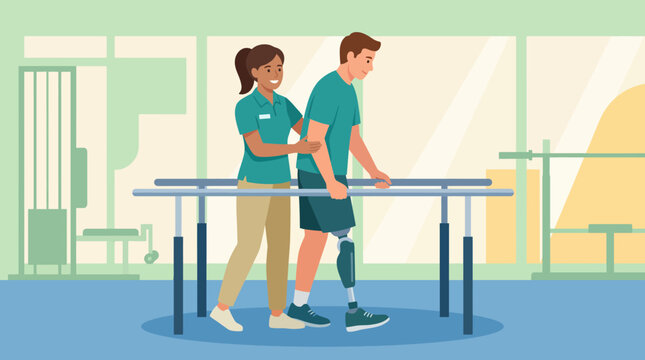 A physical therapist assists a patient with a prosthetic leg to walk using parallel bars, highlighting the importance of rehabilitation and support in overcoming disabilities.