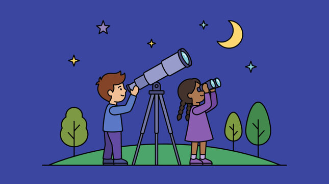 Two children are using telescopes to explore the night sky, fostering curiosity, wonder, and a sense of adventure while engaging in educational astronomy activities.