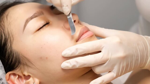 Close up profile of a young asian woman receiving dermaplaning facial treatment. Professional esthetician uses a gentle blade for skin exfoliation.