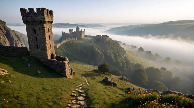 Mittelalterliche Burgruine im morgendlichen Nebel