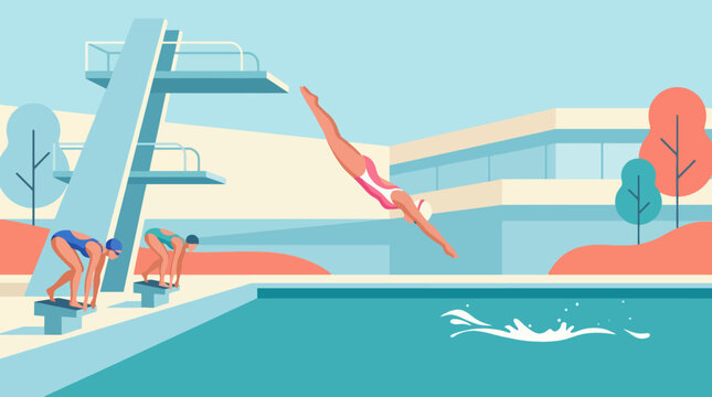 An athlete gracefully diving into a pool from a high diving board, capturing the excitement and elegance of swimming sports on a modern design background.