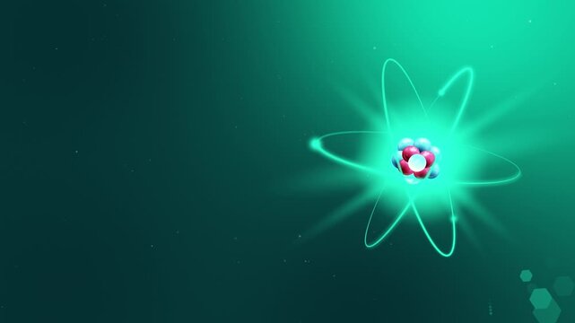 4K Cyber Teal Green 3D Atomic Background. Glowing Green Quantum Nucleus with Red and Blue Core and Copy Space.
