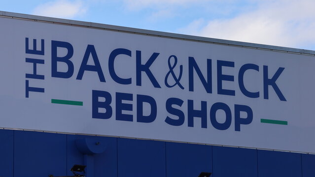 Perth, Western Australia, Australia - April 27th 2024: The Back and Neck Bed Shop, daytime, outdoor, exterior, sign, board, shop front