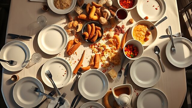 limau. Overhead view of a banquet table with empty plates and food remnants. menu design, packaging mockups, designed for culinary blogs and recipe cards for restaurants, used by ngo communicators.