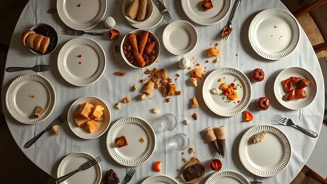 limau. Overhead view of a banquet table with empty plates and food remnants. menu design, packaging mockups, designed for culinary blogs and recipe cards for restaurants, used by ngo communicators.