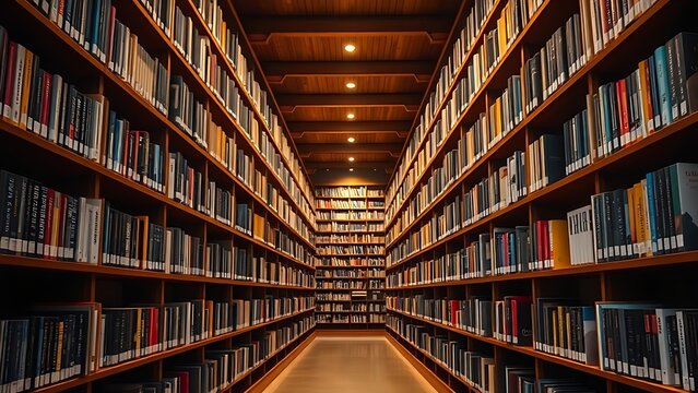 bookshelves. A library with bookshelves arranged in a T-shaped corridor under warm, ambient light. event programs, museum guides, designed for cultural heritage projects and event programs.
