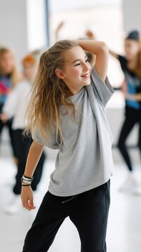 In a vibrant group session at the children's dance facility, an emotional preteen girl learns krump dance moves.