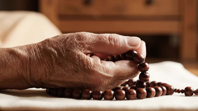 Close up of a senior hand reverently counting sacred hindu prayer beads during a spiritual devotion or traditional festival in india