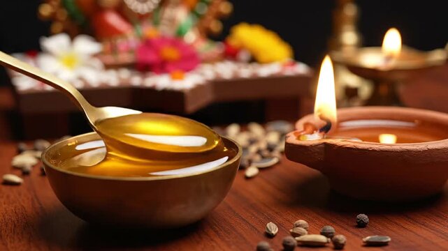 Golden spoon holding sacred ghee oil above a brass bowl, placed alongside a glowing traditional clay diya lamp for hindu religious offerings and indian festivals.