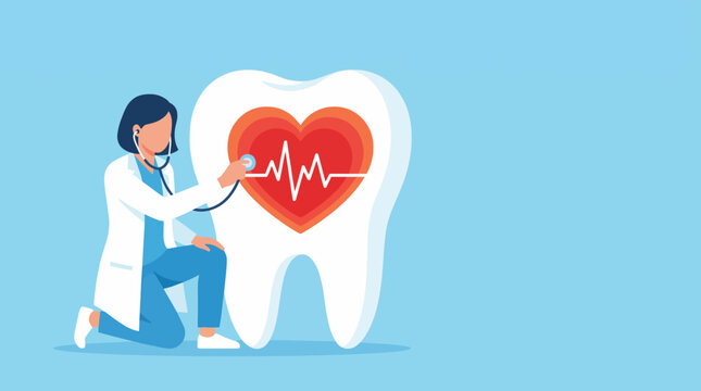 A dentist checks a large tooth with a stethoscope, symbolizing the connection between oral hygiene and overall health in a bright and engaging illustration emphasizing wellness.