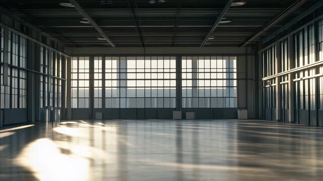 Large empty industrial warehouse with glossy concrete floor reflecting sunlight from expansive windows, strong shadows and airy open plan space ready for storage or showroom development