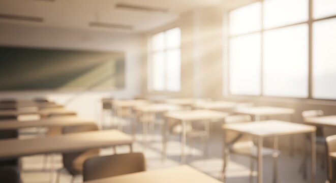 Sunlight streams into an empty classroom, illuminating rows of desks and chairs.