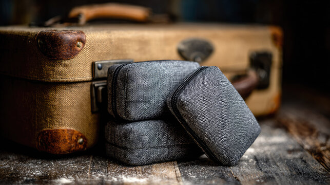 Sustainable travel packing cubes displayed on rustic wooden surface with vintage suitcase in background, promoting organized eco friendly journeys and efficient luggage management
