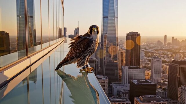Falcon Overlooks City. Urban Skyline Enhances Bird In Flight. Bird Perches On Building Edge During Morning Glow. Majestic Falcon Surveys Cityscape As Daylight Begins To Brighten Horizon