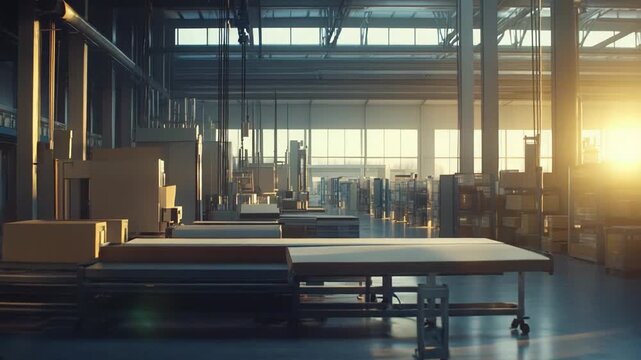 Modern industrial facility interior featuring production lines, processing equipment, and organized shelving with packages under bright natural daylight, highlighting ongoing operations