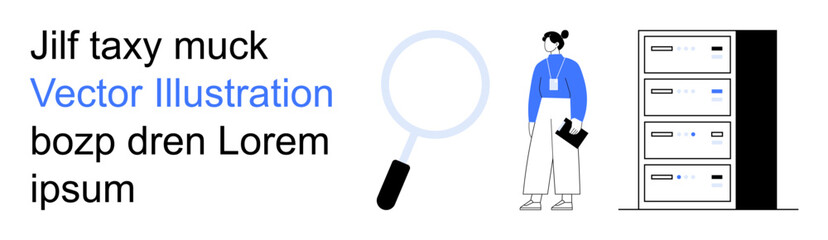 Data analysis, research, server management, information security, archives, technology services. Person interacting with servers and magnifying glass. Data analysis and research concept © robu_s