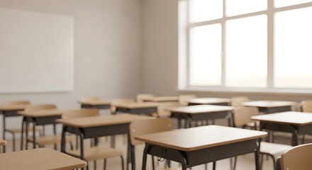 Fototapeta premium An empty classroom with wooden desks and chairs, a whiteboard, and a large window.