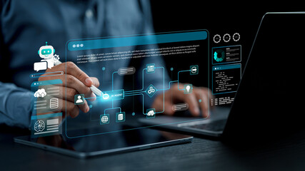 Fototapeta premium Businessman using tablet with laptop for AI agent workflow, cloud data integration, automated coding and smart digital process analytics. cloud services and digital business automation system.