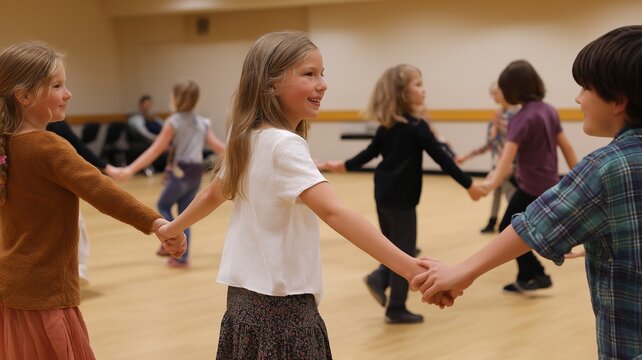 In choreography class, kids dance in a circle while holding hands.