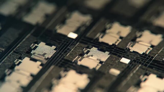Microscopic view of a detailed silicon wafer surface revealing multiple integrated circuits, symbolizing advanced technology, data processing, and modern computing hardware development