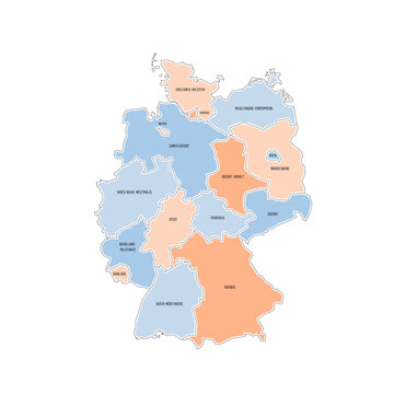 Germany political map of administrative divisions - federal states. Colorful handdrawn doodle style map with black outline borders and name labels.