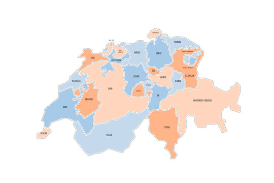 Switzerland political map of administrative divisions - cantons. Colorful handdrawn doodle style map with black outline borders and name labels.
