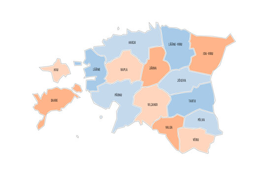 Estonia political map of administrative divisions - counties. Colorful handdrawn doodle style map with black outline borders and name labels.