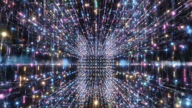 Abstract data network with colorful glowing dots and lines forming a digital cube in a dark space