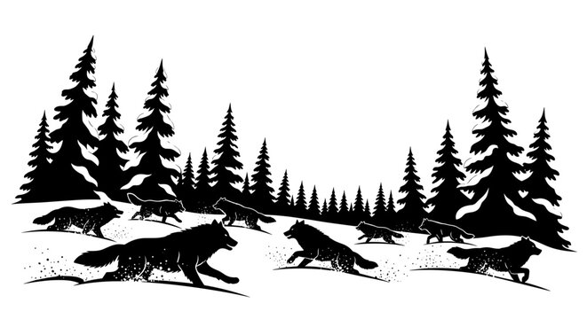 Wolves in forest silhouette scene.