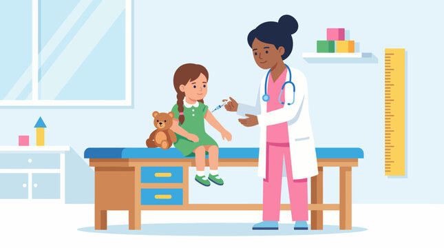 This heartwarming illustration captures a young girl receiving a vaccination in a friendly clinic environment, highlighting the importance of health care and support during childhood.
