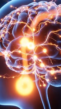 Medical animation of a human brain with electrical impulses firing in the temporal lobe, concept for memory and thought.