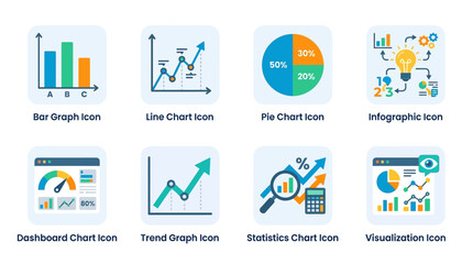 Fototapeta premium A vector illustration depicts various colorful business chart icons on a white background including bar graphs, line charts, and pie charts.