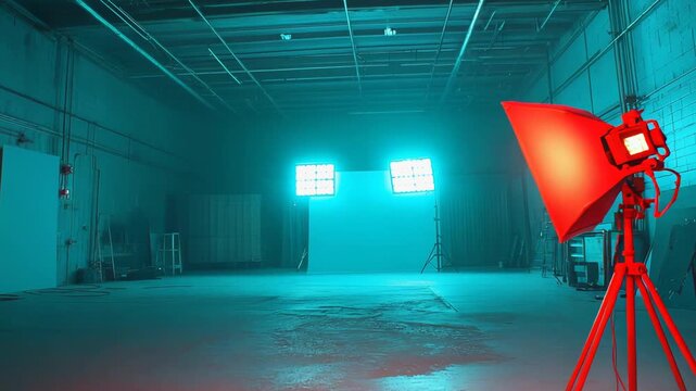 Production studio set with red softbox on tripod, professional lighting and stark backdrop bathed in vibrant teal and blue glow, creating a dramatic cinematic mood