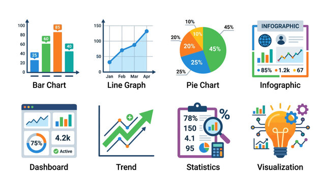The vector graphic illustrations showcase various statistical data visualizations including charts and graphs on a dashboard.