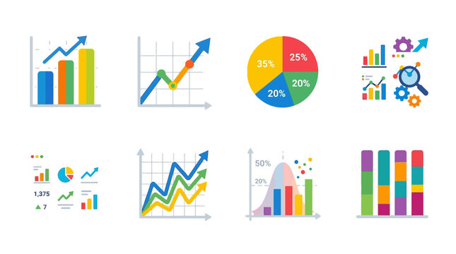 A collection of colorful vector graphs and charts displays statistical data in a business setting with various lines and bars.