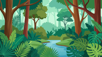 This rich illustration of a lush jungle captures various green trees and plants, accentuating the beauty and diversity of nature in a serene and peaceful landscape. © Jingzhan