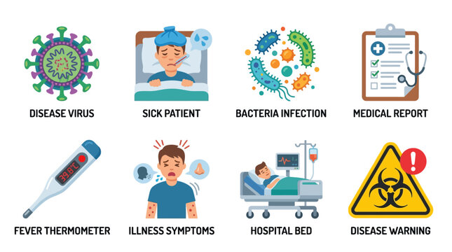 Medical vector illustrations depict a sick patient with fever symptoms in hospital due to bacteria infection and disease virus.