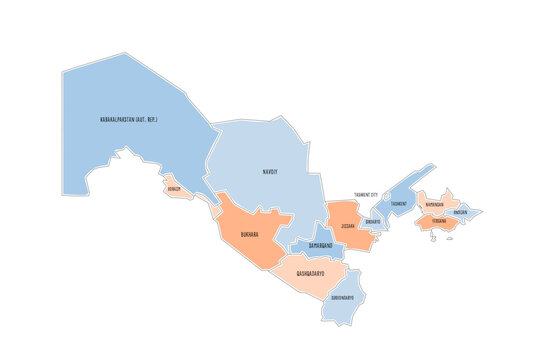 Uzbekistan political map of administrative divisions - regions, autonomous republic of Karakalpakstan and independent city of Tashkent. Colorful handdrawn doodle style map with black outline borders