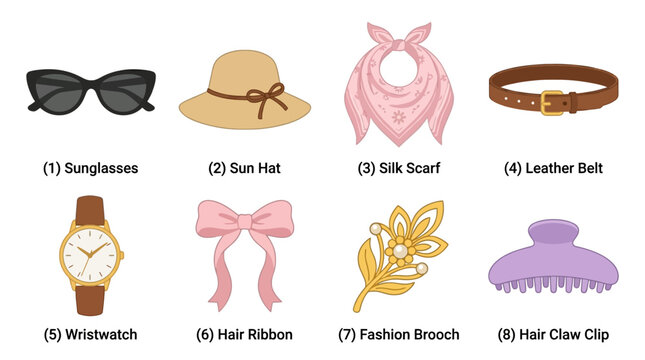 Vector illustration of fashionable accessories and clothing items on a flat surface including sunglasses sun hat silk scarf leather belt wristwatch hair ribbon fashion brooch and hair claw clip.
