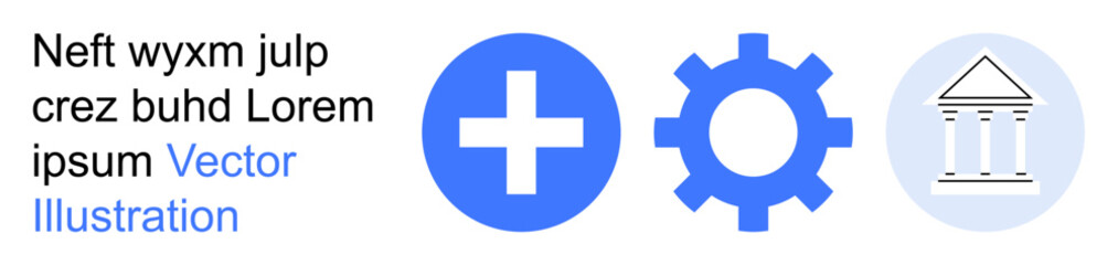 Obraz premium Healthcare, technology, education, infrastructure, institutional development, engineering. Blue cross, gear and a classical building icon. Healthcare and technology concept