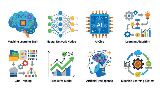 Vector graphics illustrate a machine learning concept with neural network nodes and AI chip in a futuristic laboratory setting with various learning algorithms and data training visualizations.