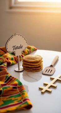 Authentic Ghanaian Tatale Plantain Pancakes on White Marble with Kente Cloth and Brass Gye Nyame - Golden Hour Food Photography