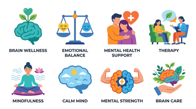 Mindfulness illustrations vector graphics show brain wellness, emotional balance, mental health support, therapy, and calm mind concepts