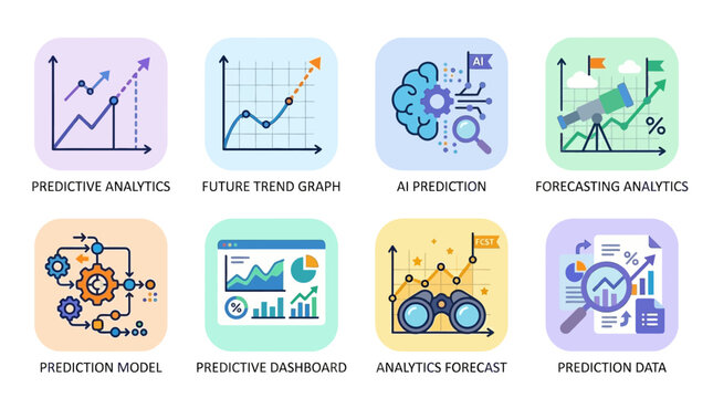 Vector graphics illustrate a collection of predictive analytics icons and symbols on a dashboard displaying future trend graphs and AI prediction models.